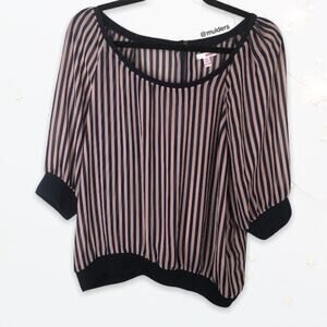 Bongo Sheer Tan & Black Striped Scoop Neck Blouse Top XL